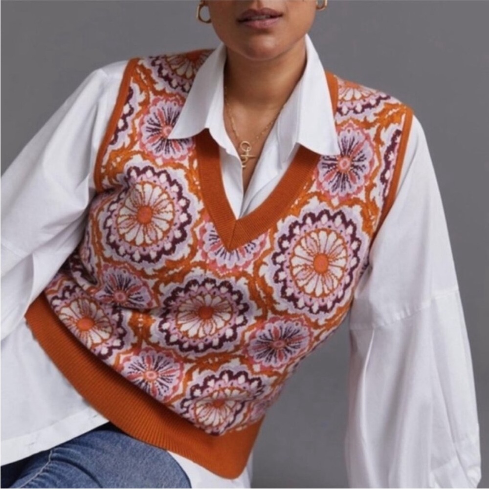 Anthropologie Maeve Jacquard Sweater Vest Size XS Floral Pink Orange White Retro